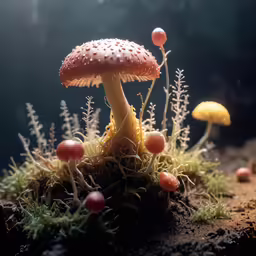 two mushrooms growing on the mossy ground