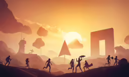 a group of people walking away from a gate at sunset