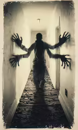 the person walks down the hallway with arms outstretched