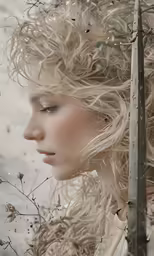 a woman with long blonde hair holding a sword