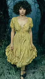a woman standing in a lush green forest