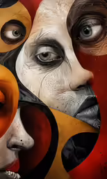the colorful face of a woman with multiple eyes and lips