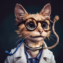 a cat in glasses and a white coat
