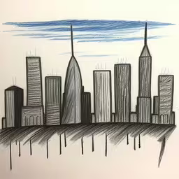 drawing of a city with skyscrapers and clouds,a drawing of a city that looks like it has been drawn