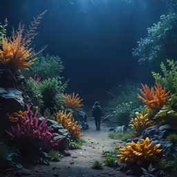 a man stands on the edge of a path by colorful plants and rocks