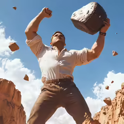a man lifts a stone like object up into the air