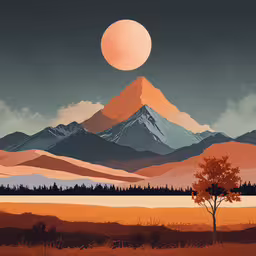 an image of a painting of mountains and trees,a painting of the mountain and tree that is the base of a mountain