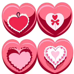three hearts with lace edges, one in the shape of a heart,four paper heart stickers with different shapes,four heart shaped paper plates in pink, red and white,there are hearts arranged in the shape of heart,the heart cutouts are for valentine