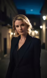a woman wearing a suit standing in the street