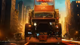 a truck driving down the street next to tall buildings,a large truck driving down a street filled with traffic