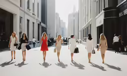 five women in short dresses walk down the street