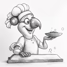 a cartoon bird in a chef outfit holds a dish