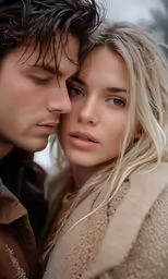 a young couple is embracing and looking at the camera
