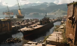 the boat is sitting next to the rocks near the water