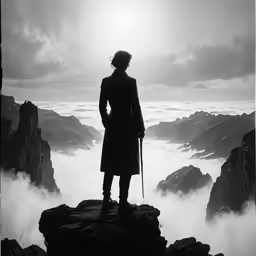 a person stands on top of a rocky hill, overlooking the ocean