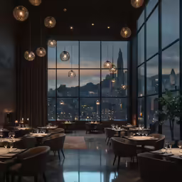 a large room with multiple tables and chairs near big windows