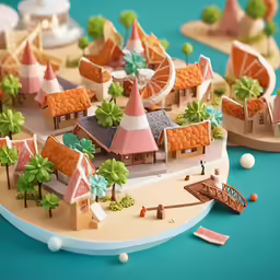 a small toy village with houses and boats