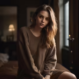 a woman sitting on a bed, posing for a picture