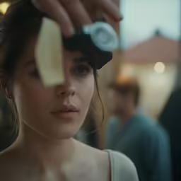 a woman looking into the mirror and brushing her hair