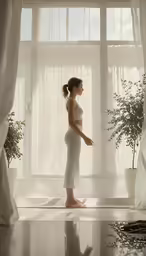 the pregnant woman stands in the white room in the window