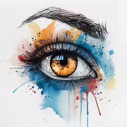 a watercolor drawing of an eye with orange and blue highlights