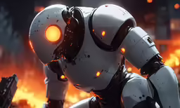 a robot sits in front of fire in an industrial setting