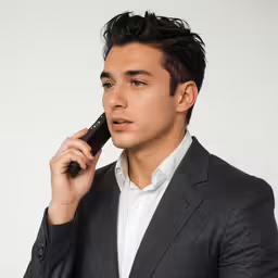 the man is holding his cell phone to his ear