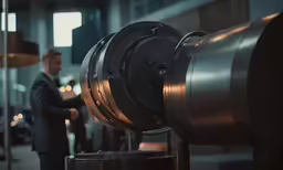 two men standing next to each other looking at a large metal object