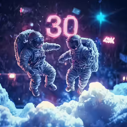 an illustration of two astronauts in space floating in the clouds