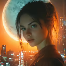 a woman looks off into the distance in a night scene