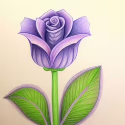 a single flower with leaves drawn in colored pencils,drawing of a purple flower with green leaves on the side,an intricate picture of a rose with green leaves,a drawing of a purple flower with a green stem,colored pencil drawing of purple flowers and green leaves