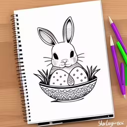 the notebook is next to a pen and markers,a notebook with a bunny in a basket of eggs,a sketch of a bunny in an easter egg,an ink drawing of a rabbit in a egg,an adult coloring book with a cartoon easter bunny