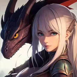 the character is holding a sword, with a dragon sitting next to her