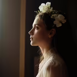a woman wearing a flower in her hair