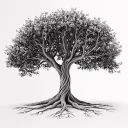 a black and white tree with its roots curled