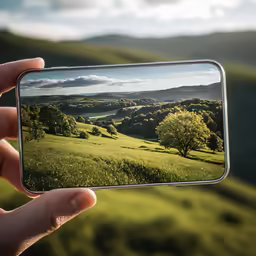 someone taking a photo with their phone of a lush landscape