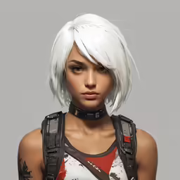 the woman is wearing a white wig and a black collar