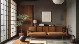 a couch and a plant sit in a room,the interior of a gray - walled room with wooden furniture and plants