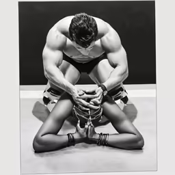 a man in a black underwear and his hands behind him