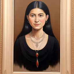 the portrait is of a young woman in black dress,a portrait painting of a woman wearing black with a red necklace,portrait of a lady in a black dress and necklace,a portrait painting of a woman in black dress with necklace and stone pendant,a woman that is standing near a painting