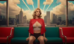the beautiful woman is sitting on a bench in the subway
