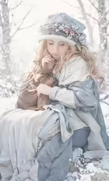 a young girl sitting in the snow near trees