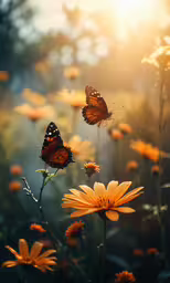 two butterflies that are standing on a yellow flower