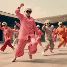 elderly woman dancing in front of a group of men,a group of elderly women with sunglasses and colored clothing performing an exercise