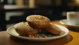 a pile of grained muffins on a plate next to a mug of coffee