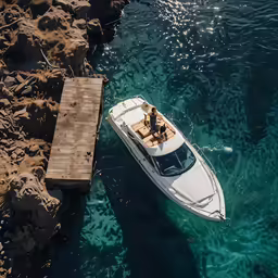 boat parked at pier next to ocean with steps