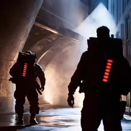 two people in armor walking in a hallway