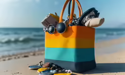 beach bag filled with shoes and sunglasses laying on the sand at the beach