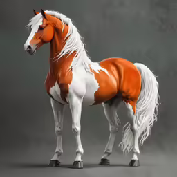 a large orange and white horse standing on top of a floor