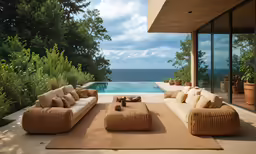 a living room with two couches and an ottoman on a beige carpet